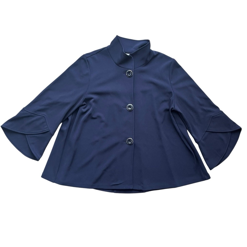 Susan Graver Women S Navy LK Fusion Button Front 3/4 Tulip Sleeve Jacket А384242